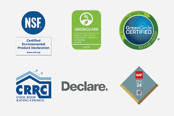 Sustainable design logos: Environmental Product Declaration, GREENGUARD, GreenCircle Certified, CRRC Cool Roof Rating Council, Declare and GAF Title 24.
