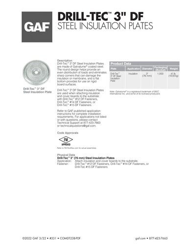Drill-Tec™ 3" DF Steel Insulation Plates - COMDT238