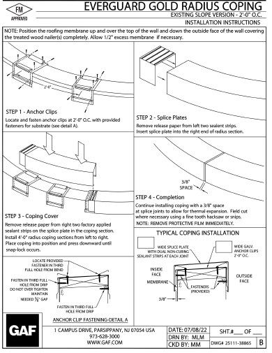 Everguard® Gold Radius Coping - E-S 2'-0" O.C. Installation Instructions 