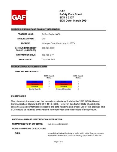 Master Flow® Duct Mastic/Sealant SDS - 2107