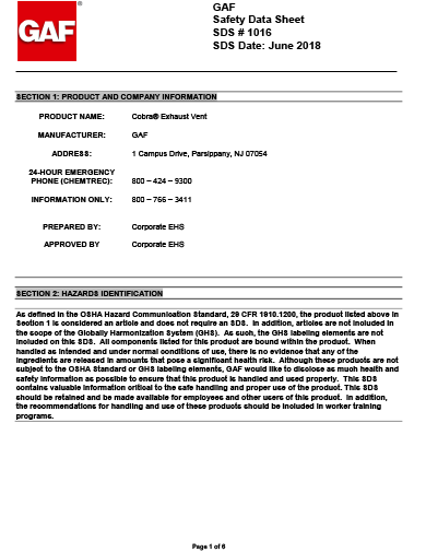 Cobra® Exhaust Vent for Roof Ridge SDS - 1016