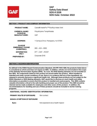 Cobra IntakePro® Rooftop Intake Vent SDS - 2228