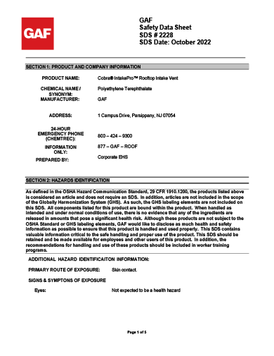 Cobra IntakePro® - Rooftop Intake Vent SDS - 2228