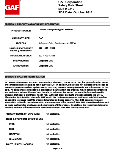 Drill-Tec™ Polymer GypTec® Fasteners SDS - 3210
