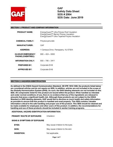 EnergyGuard™ Ultra Poly ISO Roof Insulation SDS - 2064