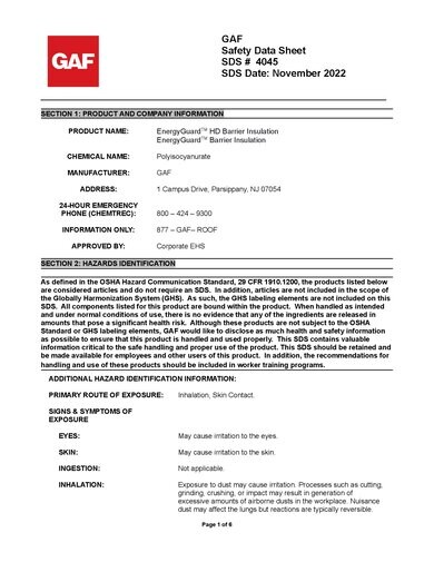EnergyGuard™ HD Barrier Polyiso Insulation SDS - 4045