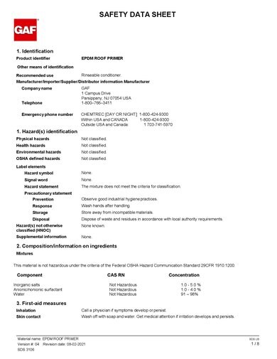 GAF EPDM Activator Cleaner SDS - 3106