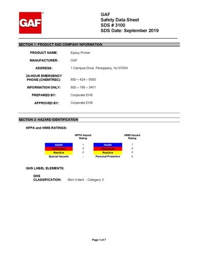 GAF Epoxy Primer SDS - 3100
