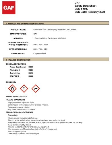EverGuard® PVC Quick‑Spray Adhesive Hose and Gun Cleaner SDS - 4047