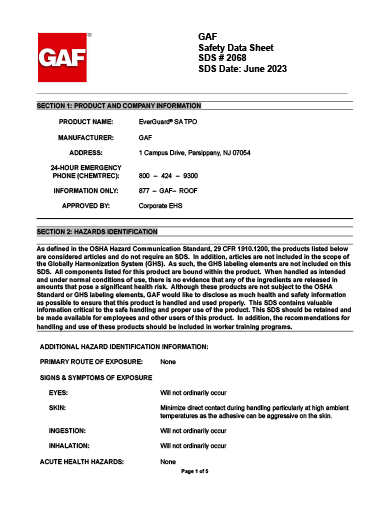 EverGuard® SA TPO Self-Adhered Roof Membrane SDS - 2068