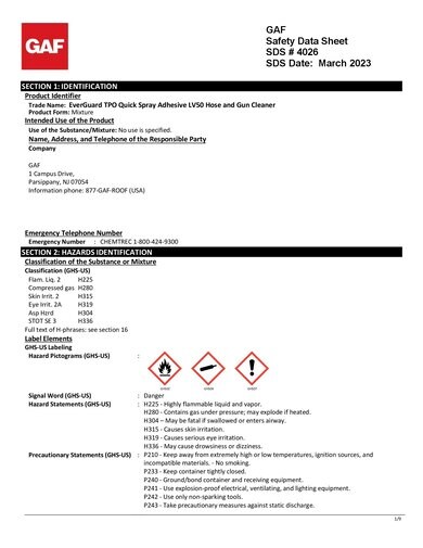 EverGuard® TPO Quick Spray Adhesive LV50 Hose and Gun Cleaner SDS - 4026