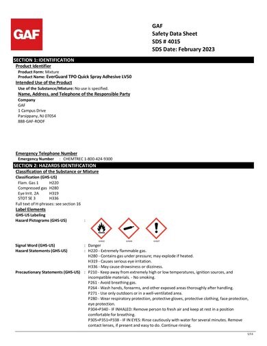 EverGuard® TPO Quick-Spray LV50 Adhesive SDS - 4015