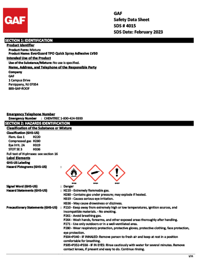 EverGuard® TPO Quick Spray Adhesive - LV50 SDS - 4015
