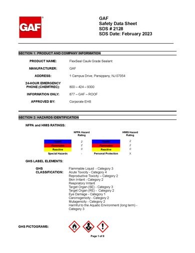 GAF FlexSeal™ Caulk Grade Sealant SDS - 2128