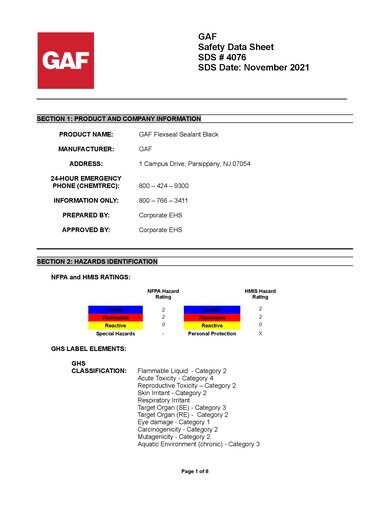 GAF FlexSeal™ Sealant Black SDS - 4076