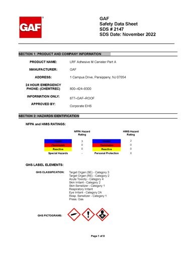 GAF LRF Adhesive M Canister Part A SDS - 2147