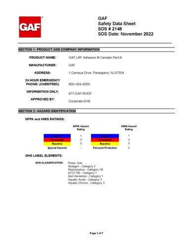GAF LRF Adhesive M Canister Part B SDS - 2148