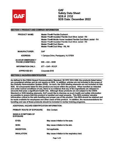 Master Flow® Flexible Ductwork SDS - 2152