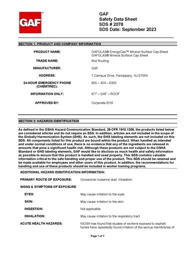 GAFGLAS® EnergyCap™ Mineral Surface Cap Sheet SDS - 2078