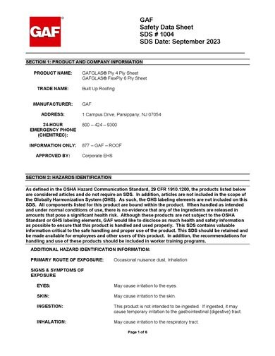 GAFGLAS® Ply Sheet SDS - 1004