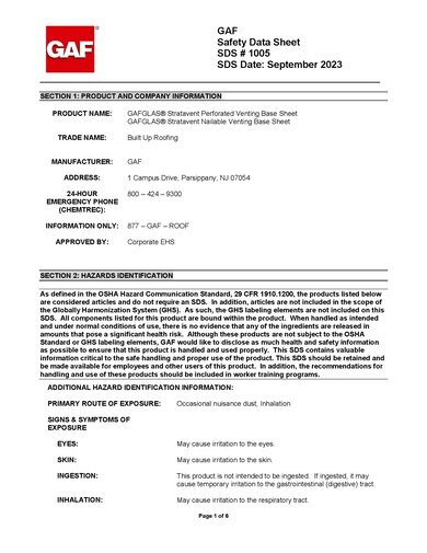 GAFGLAS® Stratavent Base Sheet SDS - 1005