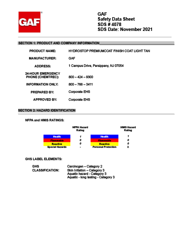 GAF Premium Acrylic HydroStop® Top Coat Light Tan SDS - 4078
