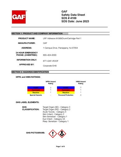 GAF LRF Adhesive M BIB/Drum/Cartridge Part 1 SDS - 4169
