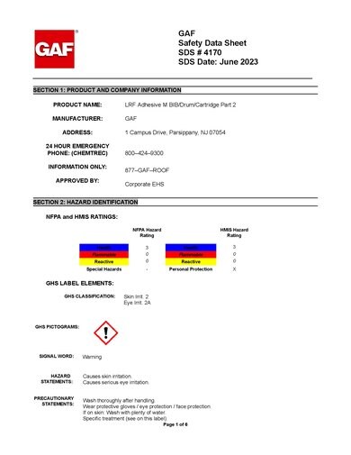 GAF LRF Adhesive M BIB/Drum/Cartridge Part 2 SDS - 4170