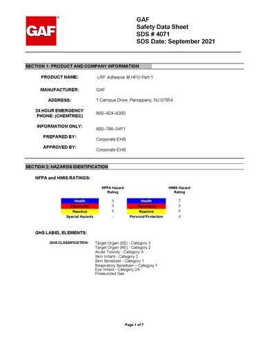 GAF LRF Adhesive M HFO Part 1 SDS - 4071