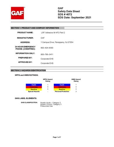 GAF LRF Adhesive M HFO Part 2 SDS - 4072