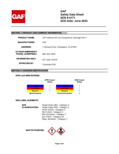 GAF TPO LRF Adhesive M Low Temp Part 1 SDS - 4171