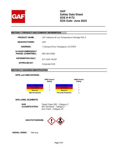 GAF TPO LRF Adhesive M Low Temp Part 2 SDS - 4172