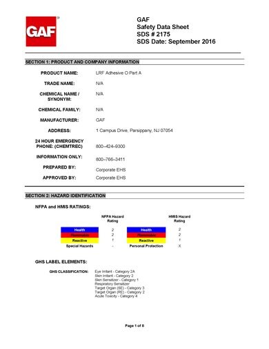 GAF LRF Adhesive O Part A SDS - 2175
