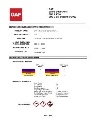 GAF LRF Adhesive XF Canister Part A SDS - 4036