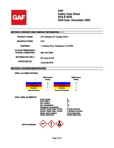 GAF LRF Adhesive XF Part A SDS - 4036