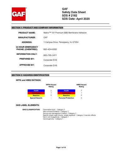 MATRIX™ 101 Premium SBS Membrane Adhesive SDS - 2182