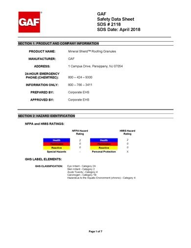Mineral Shield™ Roofing Granules SDS - 2118