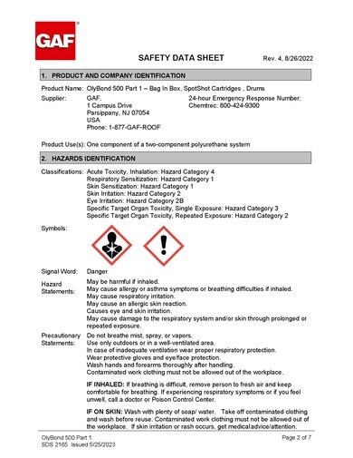 OlyBond500™ Insulation Adhesive Part 1 SDS - 2165