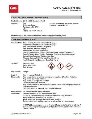 OlyBond500 Roofing Adhesive Equipment-Free Canister System Part 1 SDS - 2256