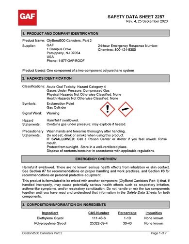 OlyBond500 Roofing Adhesive Equipment-Free Canister System SDS - 2257