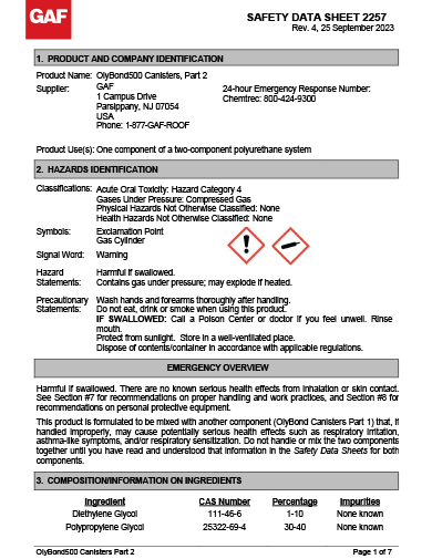 OlyBond500™ Roofing Adhesive Equipment-Free Canister System Part 2 SDS - 2257 