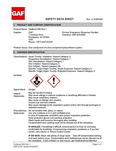 OlyBond500™ Insulation Adhesive Part 1 - SDS - 2165