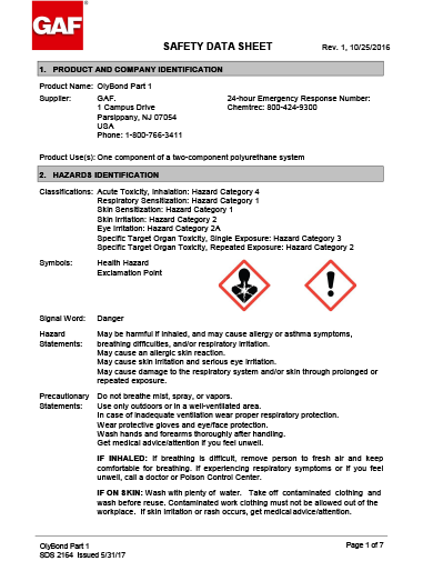 OlyBond500™ Insulation Adhesive Part 1 SDS - 2164