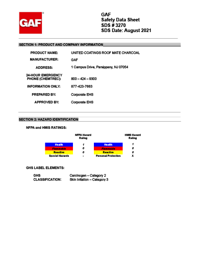 GAF Acrylic Top Coat Charcoal SDS - 3270