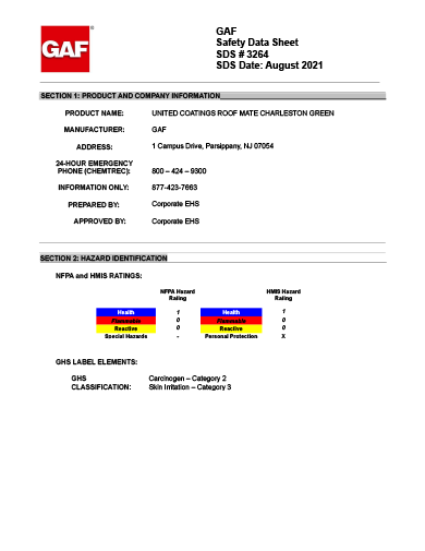 GAF Acrylic Top Coat Charleston Green SDS - 3264