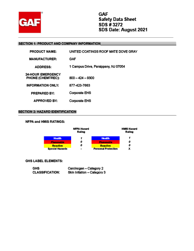 GAF Acrylic Top Coat Dove Gray SDS - 3272