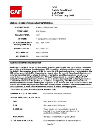 Ruberoid® SA Universal Base Sheet SDS - 2264