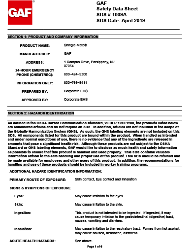 Shingle-Mate® Roof Deck Protection SDS - 1009A