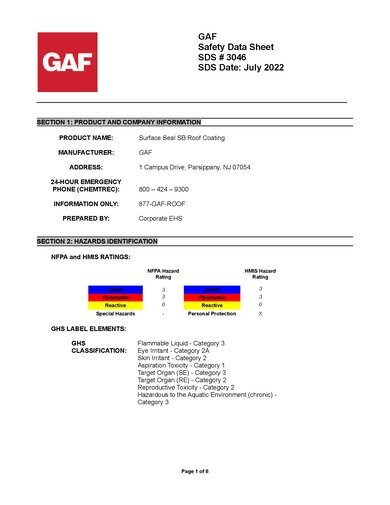 GAF Surface Seal SB Roof Coating SDS - 3046