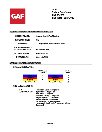 GAF Surface Seal SB Roof Coating SDS - 3046